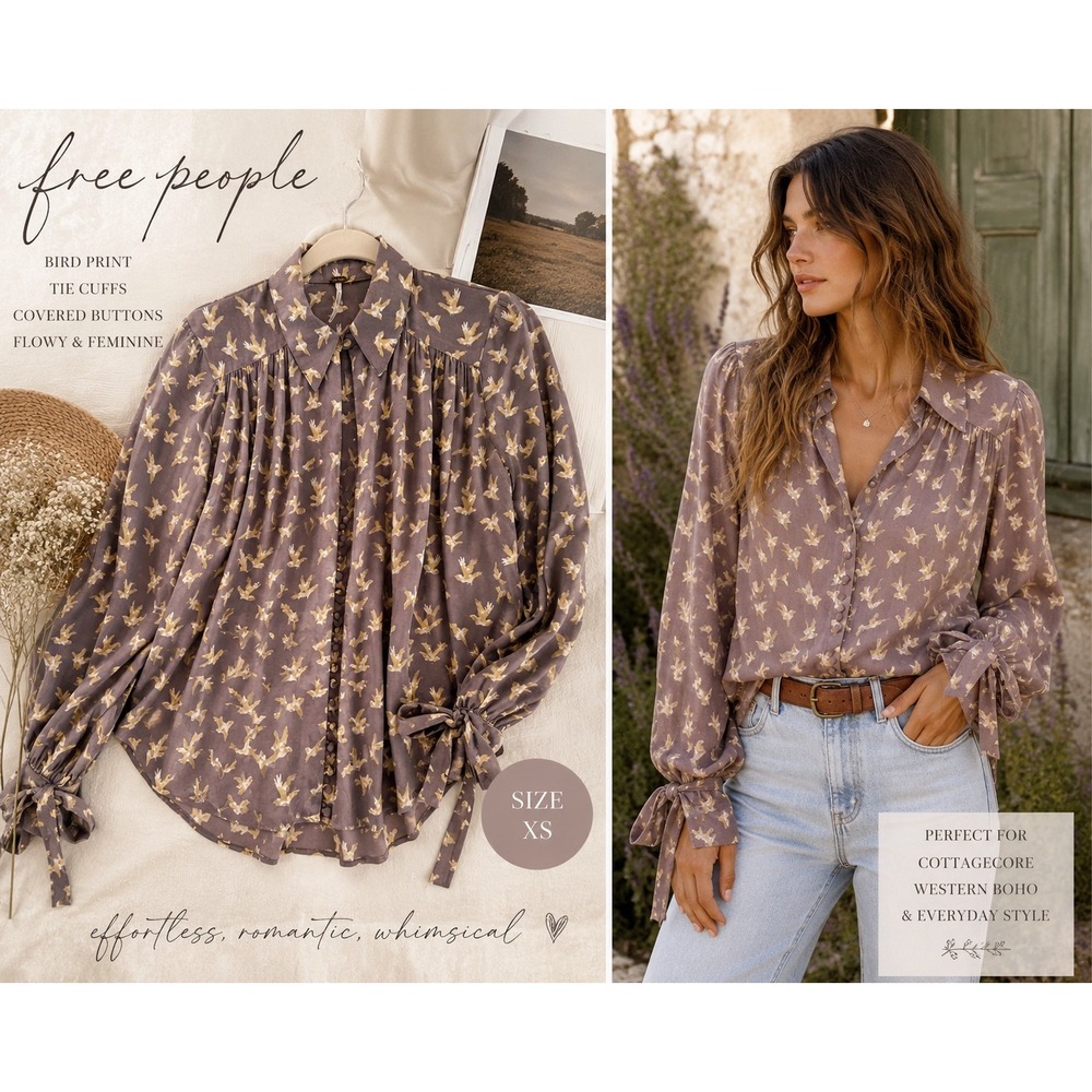 Free People Bird Print Button oversize Front Tie Cuff Boho Cottagecore Blouse XS
